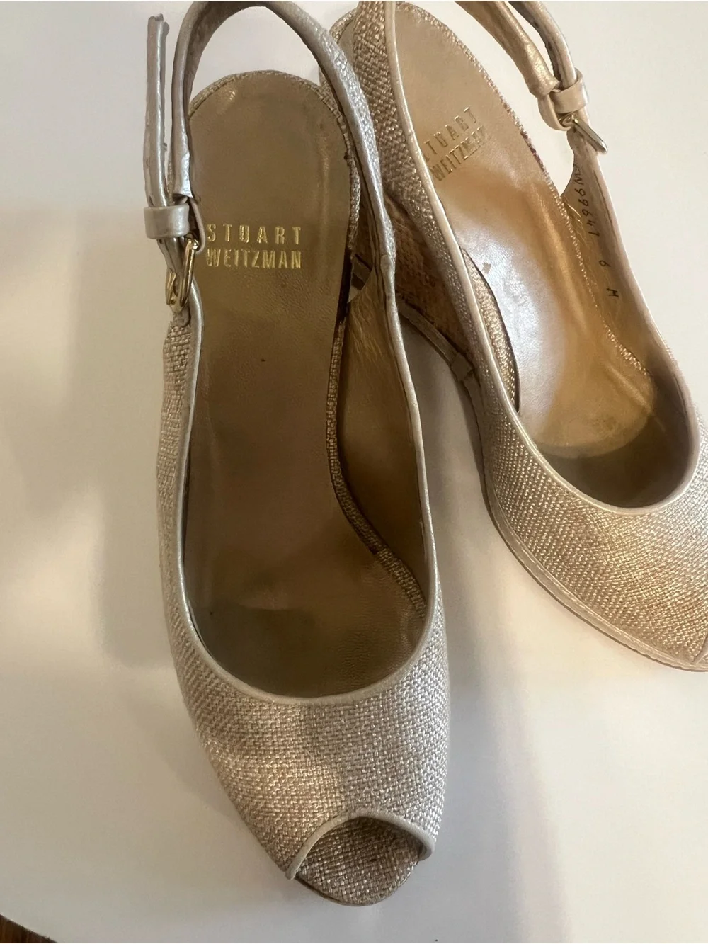 Stuart Weitzman Metallic Gold Peep-Toe Wedge Slingbacks - Picture 15 of 16